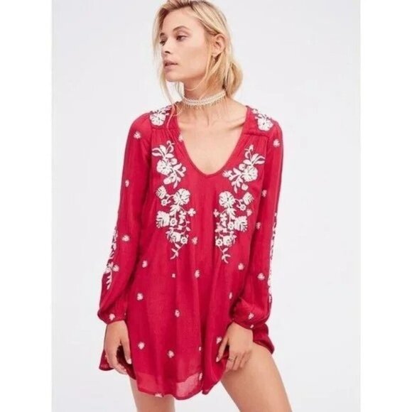 Free People Sweet Tennessee Red Embroidered Bohemian V-Neck Mini Dress Small - Picture 1 of 9